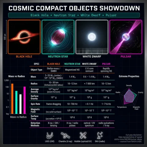 Cosmic Compact Objects Showdown: A Visual Deep Dive — Nano Banana 2 AI Prompt: ► CANVAS & TITLE • 4K landscape infographic, aspect-ratio 3:2, matte cosmic-bl...
