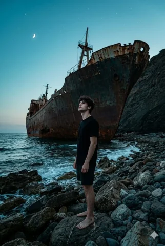 Man Stares at Shipwreck in Twilight's Gripping Moment — Nano Banana 2 AI Prompt: Masterpiece, best quality, ultra detailed, photorealistic photograph. Shot from...