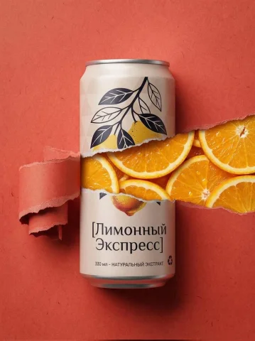 Lemon Freshness in Every Sip: 330ml of Pure Citrus Joy — Nano Banana 2 AI Prompt: A sleek 330ml aluminum can of premium lemon drink called "[Лимонный Экспресс]" s...
