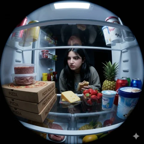 Fridge Raid in Cinematic Detail — Nano Banana 2 AI Prompt: Fridge Raid Perspective Portrait Prompt – Pakistani Girl Version Transform this...