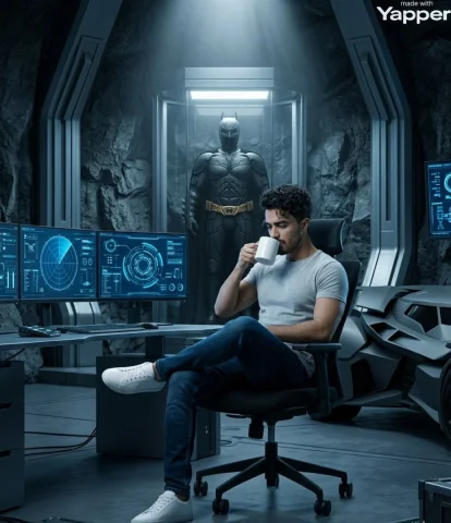 A Cinematic Shot in the Batcave: Hyper-Realistic Tech Lab Vibes — Nano Banana 2 AI Prompt: Create a Hyper-realistic 8K vertical full-body cinematic shot of a young man sit...
