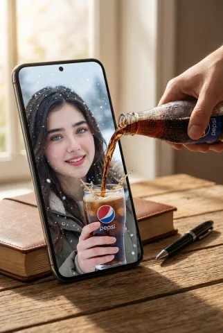 A Surreal Splash: Pepsi Breaks Through the Screen — Nano Banana 2 AI Prompt: A hyper-realistic surreal composite scene set on a wooden tabletop. A large over...
