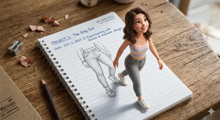 A Cute 3D Illusion: Girl Stepping Out of a Sketchbook