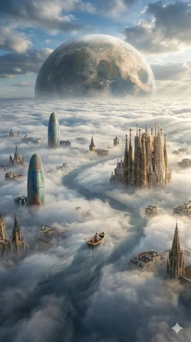 City Above the Clouds: A Surreal Voyage — Nano Banana 2 AI Prompt: A vertical 9:16 cinematic photograph, shot from a stunning 45-degree high-angle...