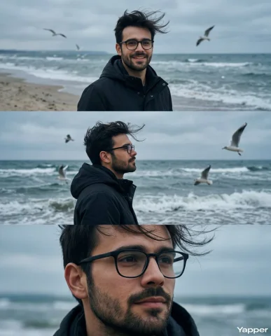 Wind-Swept Seaside Portrait Triptych — Nano Banana 2 AI Prompt: Use the uploaded photo as the exact identity reference. Keep the same person, th...