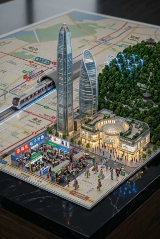 Shenzhen in 3D: A Unique Miniature Cityscape — Nano Banana 2 AI Prompt: 一张充满街头风格的深圳地图，平铺在光滑反光的深色表面上，地图上“生长”出一座栩栩如...