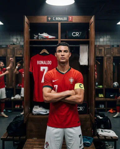 Cristiano Ronaldo: A Moment of Focus in the Locker Room — Nano Banana 2 AI Prompt: A cinematic, realistic locker room portrait of famous footballer Cristiano Ronal...