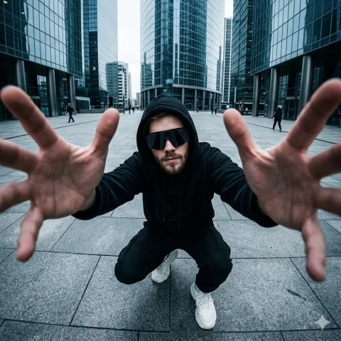 Cinematic Street Vibe with Forced Perspective — Nano Banana 2 AI Prompt: A high-angle, wide-angle street photography shot of a man with a beard crouching...