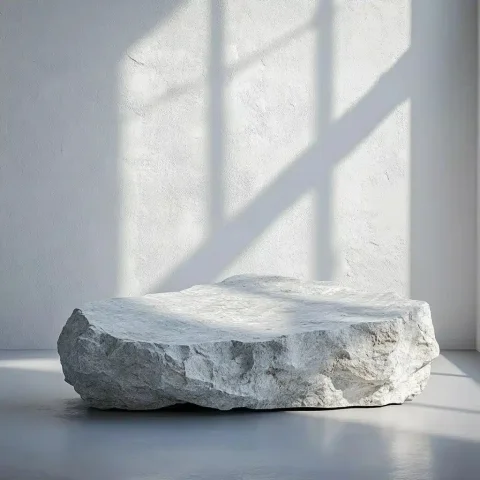 Light Grey Stone Podium — Midjourney v6 AI Prompt: an empty, light grey natural shaped stone podium for product display, shot from...