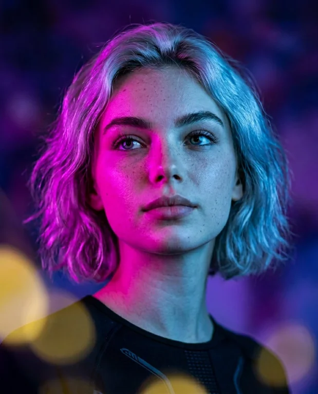 Neon Light & Confidence: Cinematic Portrait of a Woman