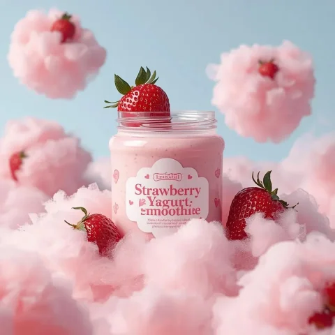 Whimsical Strawberry Cloudscape — Nano Banana 2 AI Prompt: Ultra-realistic dreamy product photography in a surreal pastel sky environment....