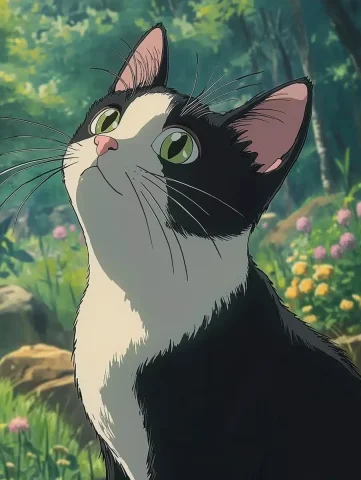 Old Ghibli Cat in Forest — Midjourney v6 AI Prompt: anime, old Japanese anime, old ghibli style , black and white cat, pink nose wit...