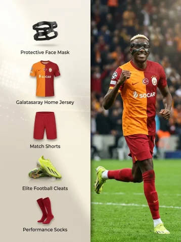 Victor Osimhen: Gear Breakdown Meets Celebration — Nano Banana 2 AI Prompt: { "Objective": "Create a 3:4 vertical sports equipment breakdown layout of V...