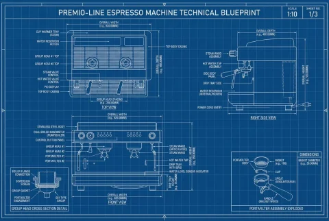 Nano Banana Technical Blueprint: A Precision Schematic — Nano Banana 2 AI Prompt: [product name], technical blueprint drawing, orthographic view, front view + sid...