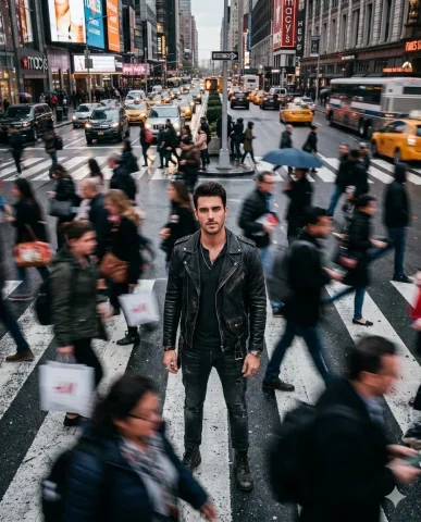 Stillness in Motion: Urban Charisma from Above — Nano Banana 2 AI Prompt: Cinematic photo of a man looking into the camera, wearing a black leather jacket...