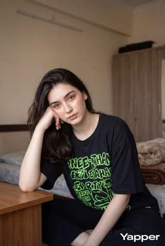 Cozy Comfort: A Realistic Portrait in Soft Natural Light — Nano Banana 2 AI Prompt: A soft natural-light indoor portrait of a young woman sitting casually in a bedr...