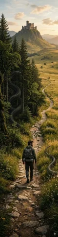 A Traveler's Journey Through a Mystical Landscape — Nano Banana 2 AI Prompt: Ultra-realistic vertical panorama, ratio 1:4, showing a lone male traveler in hi...