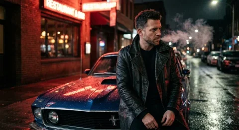 Midnight Mustang: A Cinematic Portrait in the Rain — Nano Banana 2 AI Prompt: A cinematic night fashion editorial portrait of an adult man do not change my fa...