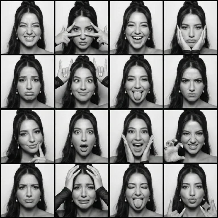 16 Faces, One Woman: A Black-and-White Photobooth Grid