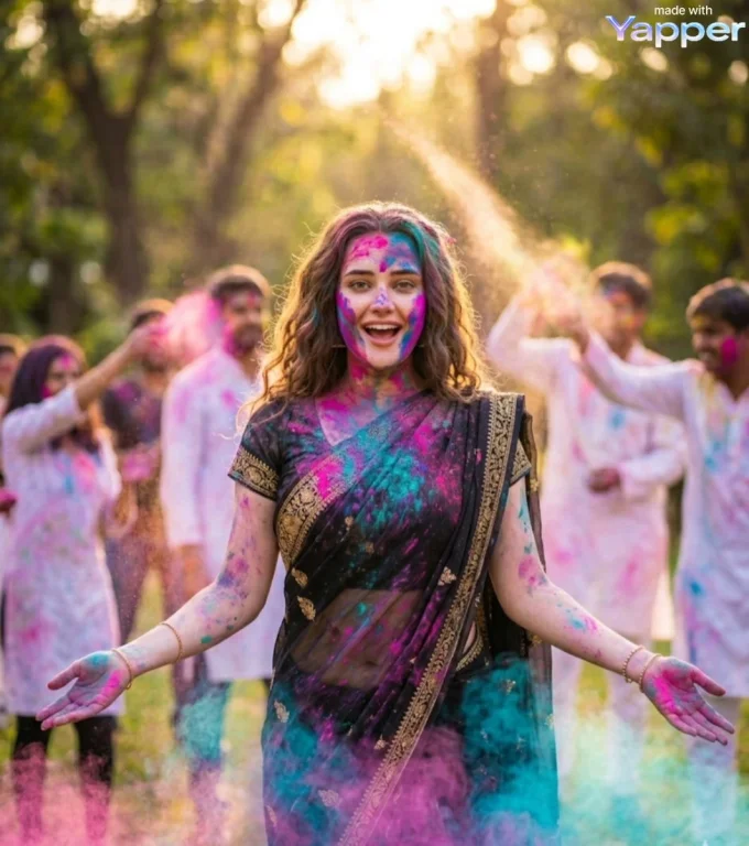 Cinematic Holi Celebration in a Golden Hour Glow