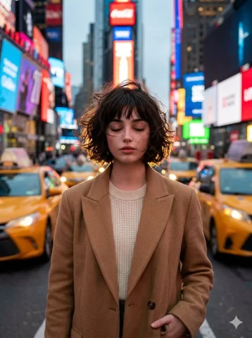 A Tiny Twist on Tech: Google Gemini Meets Nano Banana — Nano Banana 2 AI Prompt: A Cinematic close-up portrait of a young woman standing still with eyes closed i...