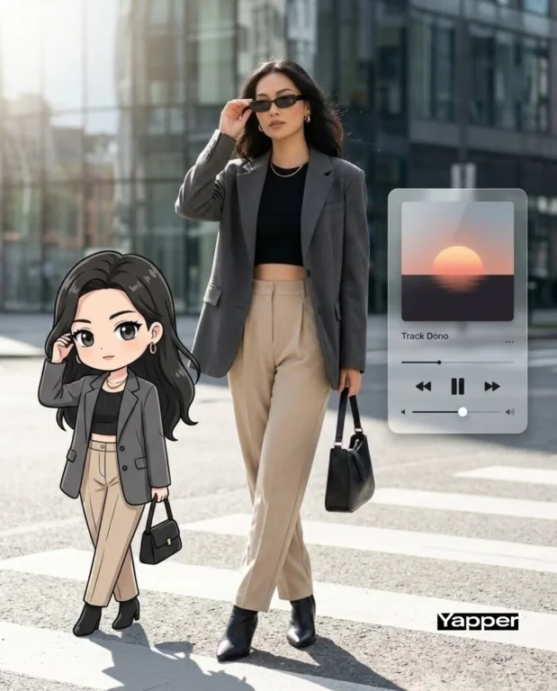 Stylish Confidence: Real Meets Chibi in Urban Elegance