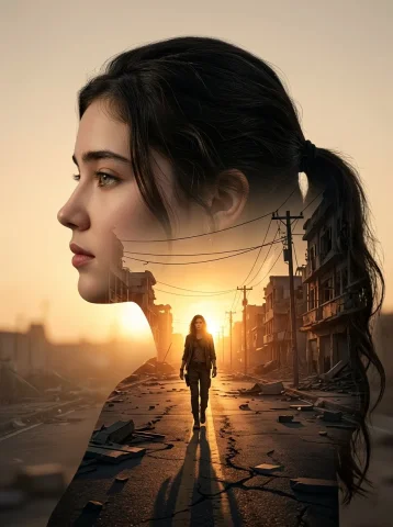 Cinematic Double Exposure: A Solitary Walk Through a Ruined City — Nano Banana 2 AI Prompt: Use the uploaded picture as a reference (Strict identity lock, the face must mat...