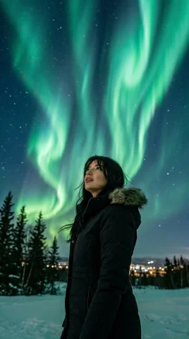 Celestial Wonder: A Woman Under the Northern Lights — Nano Banana 2 AI Prompt: { "meta": { "project": "Aurora_Cinematic_Portrait", "model_i...