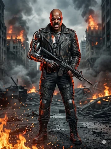 Red-Eyed Steel: Terminator Editorial Inferno — Nano Banana 2 AI Prompt: Transform the attached image into an epic cinematic editorial full body Terminat...