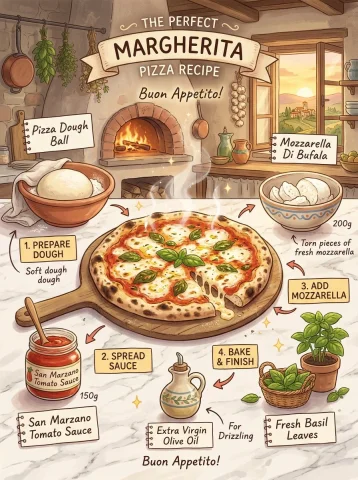 Whimsical Ghibli Pizza Infographic — Nano Banana 2 AI Prompt: margherita pizza recipe infographic, Studio Ghibli inspired illustration, tradit...
