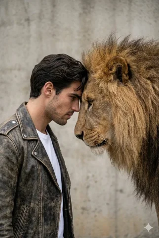 Raw Bond: Man and Lion in Hyper-Realistic Detail — Nano Banana 2 AI Prompt: A gritty, intense portrait of a man, a friend of real lion, captured in a raw, h...