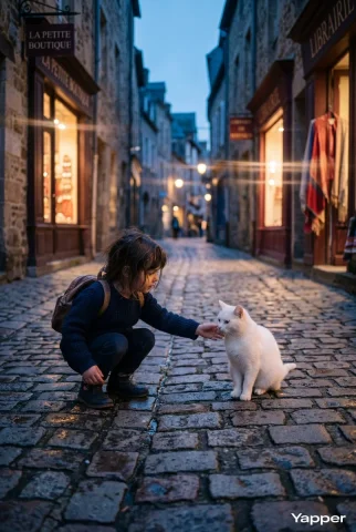 Serene Encounter in Twilight: A Child and Cat in Blue Hour — Nano Banana 2 AI Prompt: Close-up, slightly low angle of a child crouched on a cobblestone street at blue...