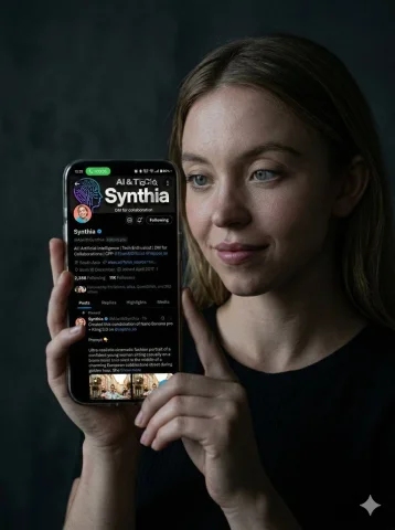 A Glimpse Through Her Lens: Sydney Sweeney in Soft Shadows — Nano Banana 2 AI Prompt: Sydney Sweeney stands in a dark room with soft, dramatic lighting. She holds a s...