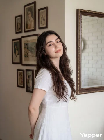 Confident Elegance in a Cozy Setting — Nano Banana 2 AI Prompt: Portrait of a young woman with long wavy dark brown hair wearing a simple white...