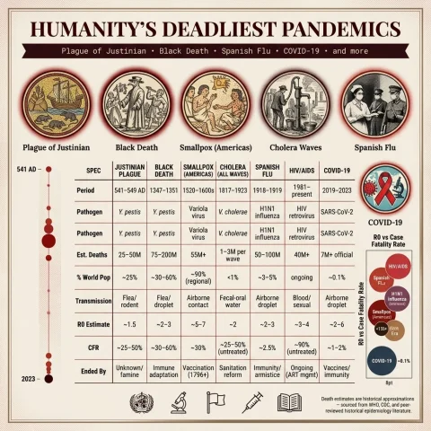 Pandemics Through the Ages: A Deadly Timeline — Nano Banana 2 AI Prompt: WORLD'S DEADLIEST PANDEMICS TIMELINE ► CANVAS & TITLE 4K landscape infographic,...