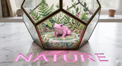 Geometric Nature: Retro Frog in a Watercolor Terrarium — Nano Banana 2 AI Prompt: { "intent": { "summary": "A geometric boundary test placing flat 2D...