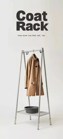 Modernist Coat Rack Poster — Midjourney v6 AI Prompt: A product poster of the "Coat Rack" features an iron pipe bucket stand, a minima...