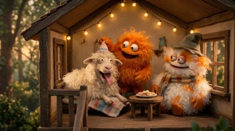 Fluffy Trio's Treehouse Adventure — Nano Banana 2 AI Prompt: Create a funny 4-part story featuring 3 fluffy creatures building a treehouse. T...