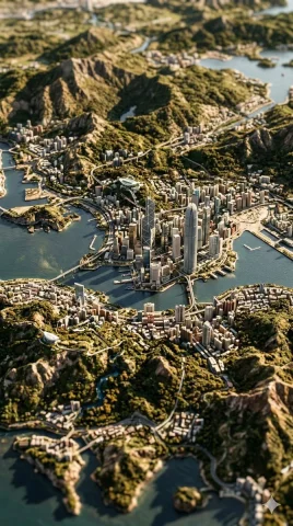 Miniature Metropolis in a Majestic Landscape — Nano Banana 2 AI Prompt: A vertical, portrait-oriented, photorealistic close-up photograph of an expansiv...