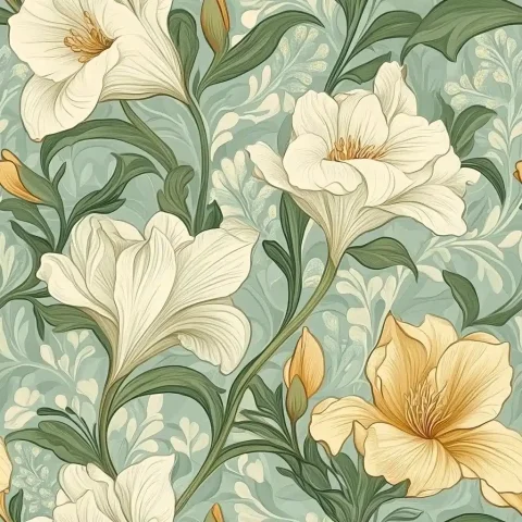 Vintage Freesia Wallpaper Pattern — Midjourney v6 AI Prompt: Seamless repeat pattern for vintage wallpaper, William Morris, elegant freesia f...