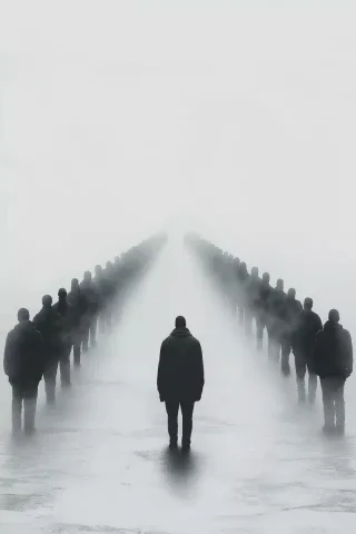 Minimalist Line of Figures — Midjourney v6 AI Prompt: A long line of people, one on the left and one on the right, extending toward a...