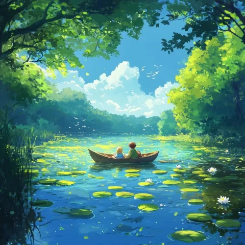 Fantasy Boat on Pond — Midjourney v6 AI Prompt: This image presents a dreamlike scene where two adorable characters are sitting...