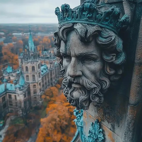 Aerial View of Parliament Statue — Midjourney v6 AI Prompt: An old stone statue that symbolizes the parliament, old, cool, magnificent, seen...