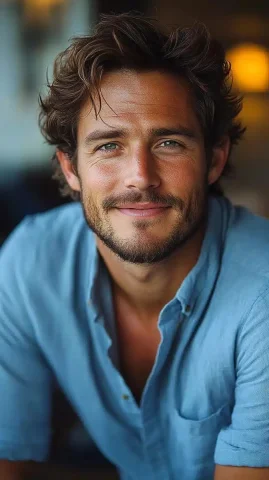 Affable Man in Blue — Midjourney v6 AI Prompt: A handsome man with laughing eyes and brown hair, wearing a light blue shirt, sm...