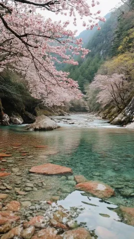Cherry Blossom Canyon Landscape — Midjourney v6 AI Prompt: Miyazaki Prefecture, Japan, a cherry blossom paradise hidden in the deep mountai...