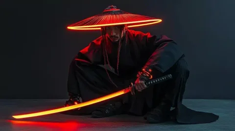 Cyberpunk Samurai Portrait — Midjourney v6 AI Prompt: Photograph of an Asian samurai wearing black and a red, glowing, neon Japanese h...