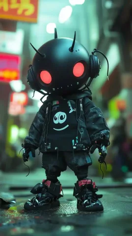 Chibi Punk Robot Portrait — Midjourney v6 AI Prompt: Front full-body portrait of a cute badass corean punk-core robot-toy, chibi desi...
