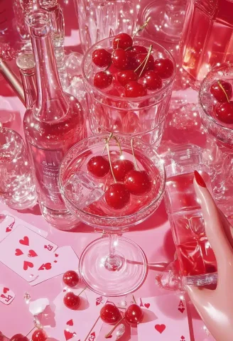 Pop Art Cocktail Collage — Midjourney v6 AI Prompt: An aesthetic pink and red collage of cocktail glasses, cherries piled on top of...