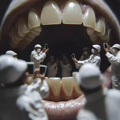 Hyperrealistic Dental Scene — Midjourney v6 AI Prompt: In close-up, half of a person's face is visible with his mouth slightly open, ti...