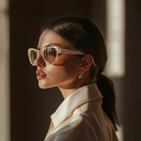 Minimalist Woman with Sunglasses — Midjourney v6 AI Prompt: A sophisticated woman in profile, adorned with exquisitely crafted luxury sungla...